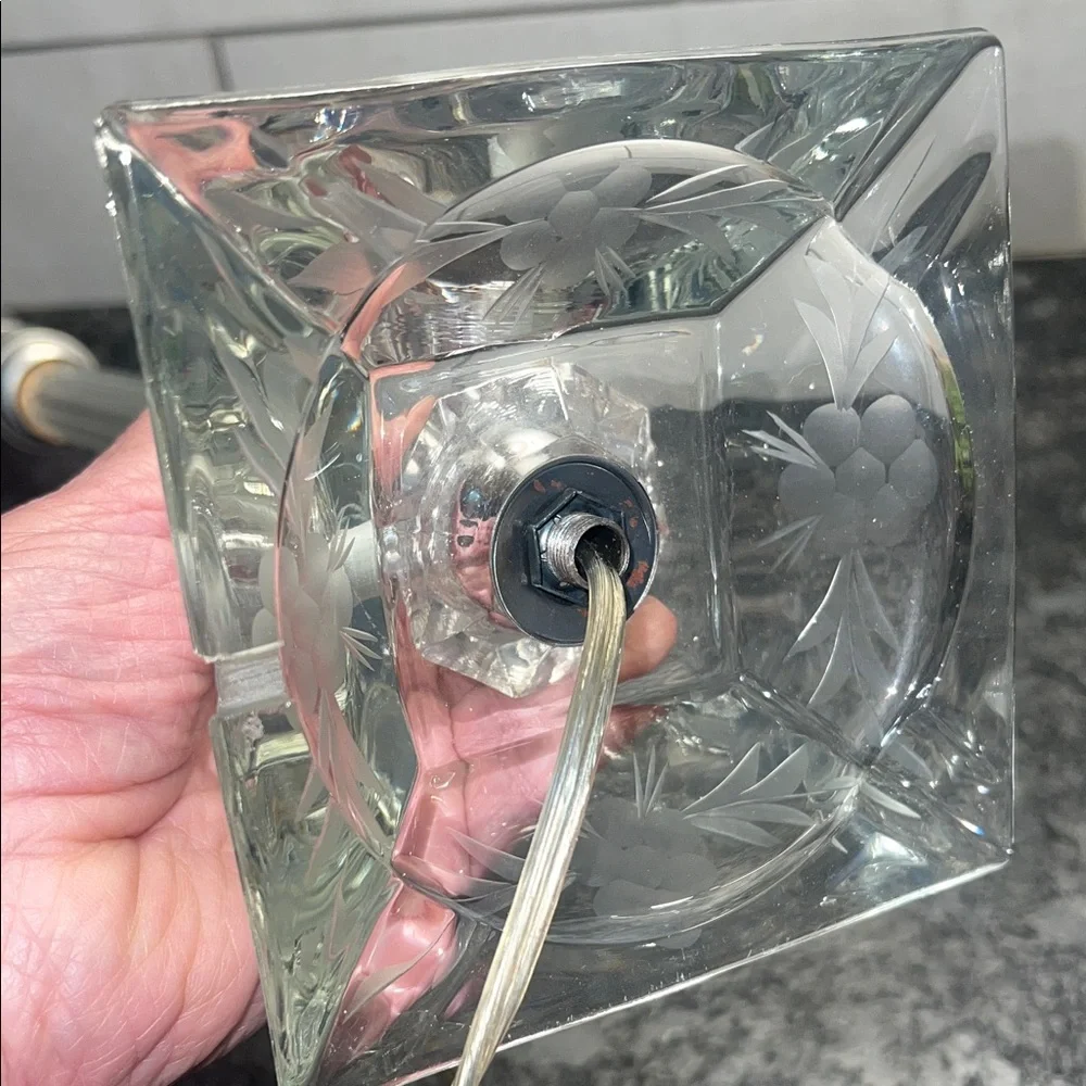 Vintage Clear Cut Glass Lamp Base with etching. All glass 15”